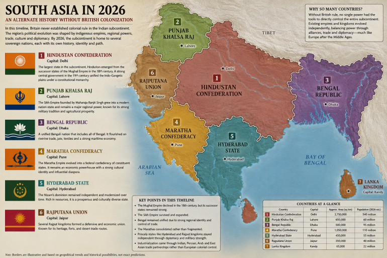 Illustrative colour map titled ‘South Asia in 2026’ showing the fictional Hindustan Confederation, Punjab Khalsa Raj, Bengal Republic, Maratha Confederacy, Hyderabad State, Rajputana Union and Lanka Kingdom, with their capitals, flags and an illustrative country table.